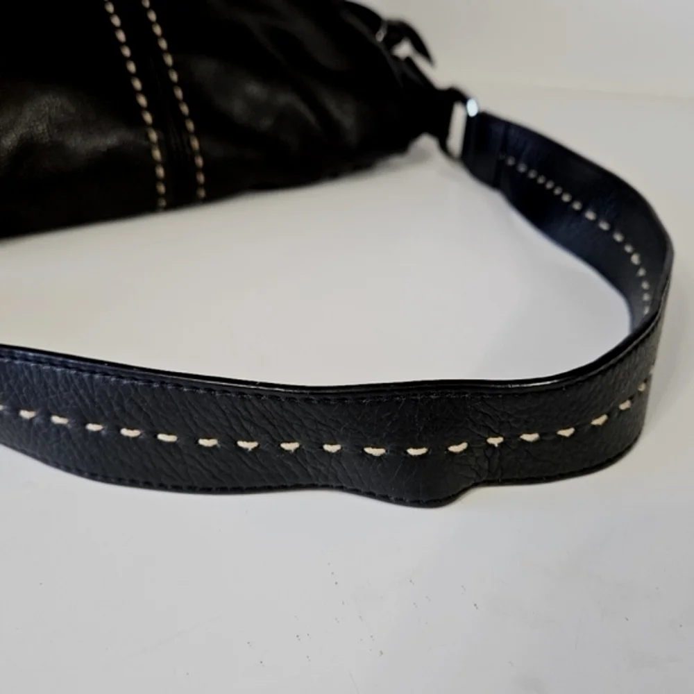 B. Makowsky Black Leather Contrast Stitching Top Flap Hobo Shoulder Bag